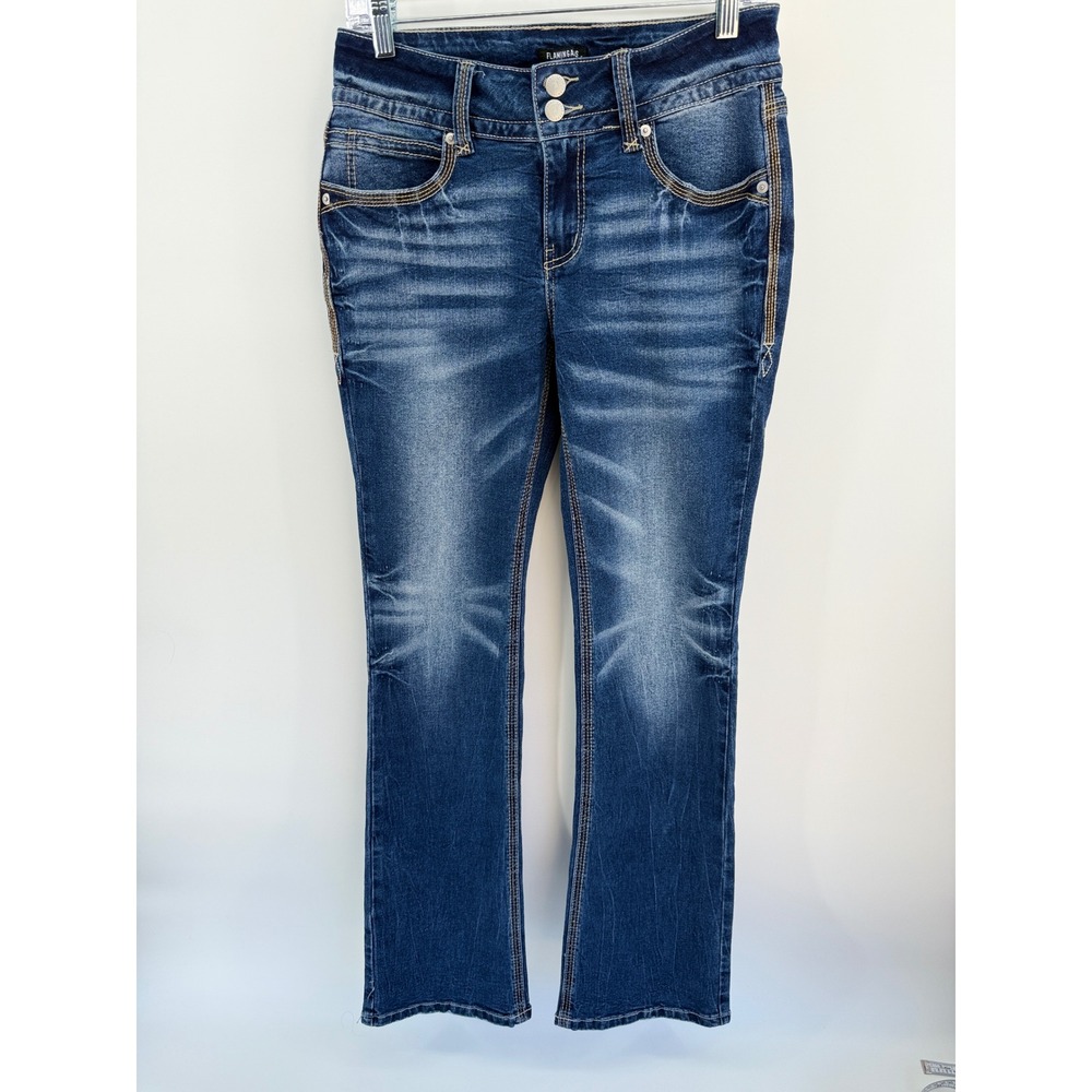 Flamingals Womens Dark Wash Distressed Bootcut Jeans Double Button Waist 29